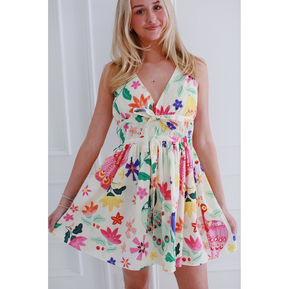 Sincerely Ours Women Floral Peacock Tie Front Mini Dress Cotton Cream Multi S